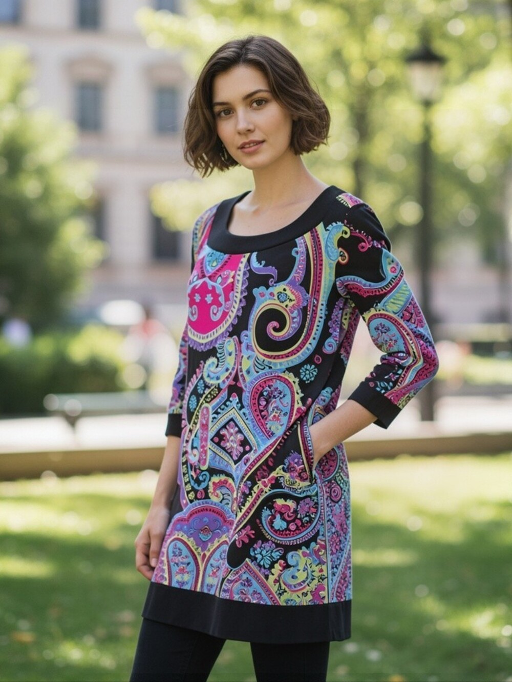 Tiana B. Black Paisley Print Tunic with Pink, Purple & Teal Accents Large